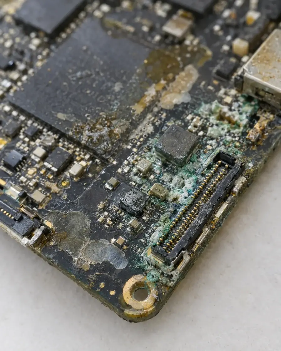 Corrosion from liquid damage on a Mac mini logicboard that won't turn on