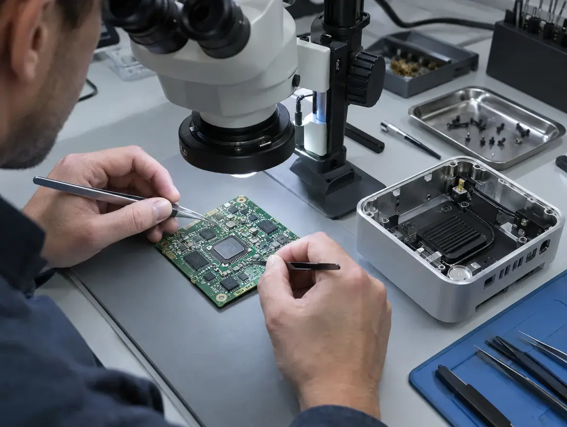 Technician repairing a Mac mini logicboard under a microscope during Mac mini logicboard repair in Malaysia