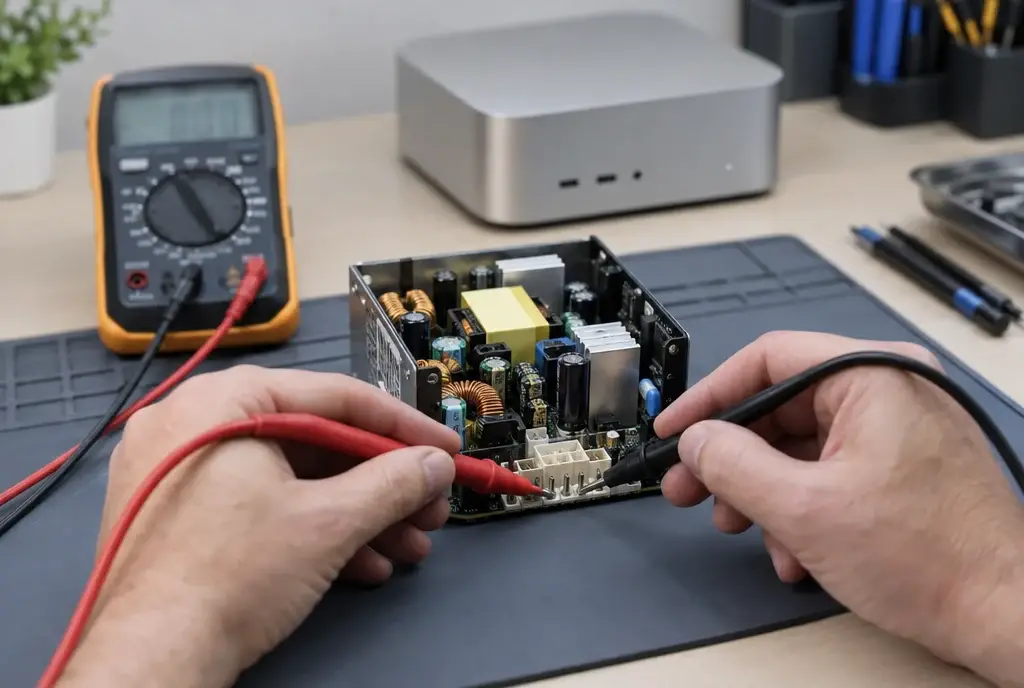 Testing a Mac mini power supply with a multimeter after Mac mini power supply replacement