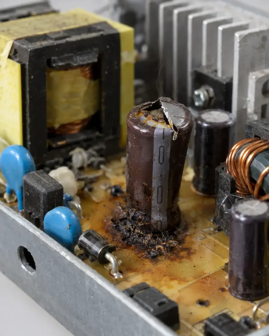 Blown capacitor on a Mac mini power supply, the cause of a pop sound after a power trip