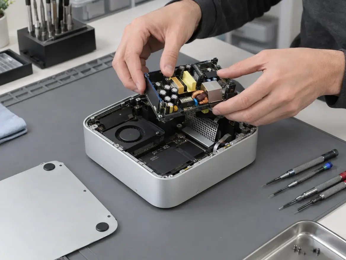 Technician removing the power supply from an opened Mac mini during Mac mini power supply replacement in Malaysia