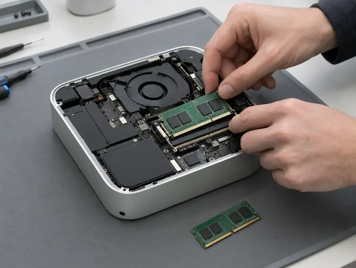 Technician fitting a memory module during a Mac mini RAM upgrade in Malaysia