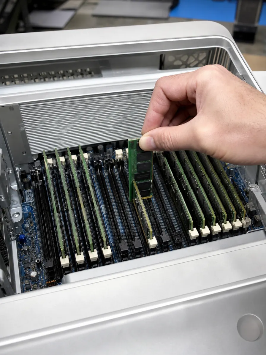 ECC memory modules being seated in the DIMM slots of a Mac Pro 2019 during a Mac Pro RAM upgrade