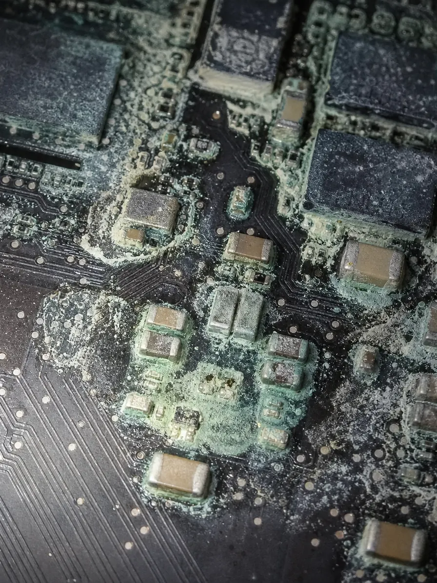 Corrosion on a Mac Pro logic board after liquid damage, repaired at component level
