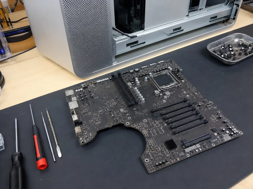 Mac Pro logic board removed from the tower for component-level logicboard repair
