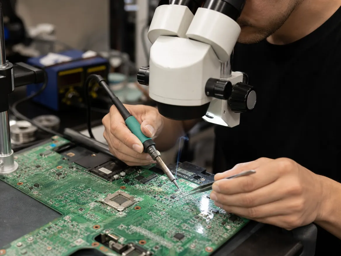 Technician repairing a Mac Pro logic board under a microscope during Mac Pro logicboard repair in Malaysia