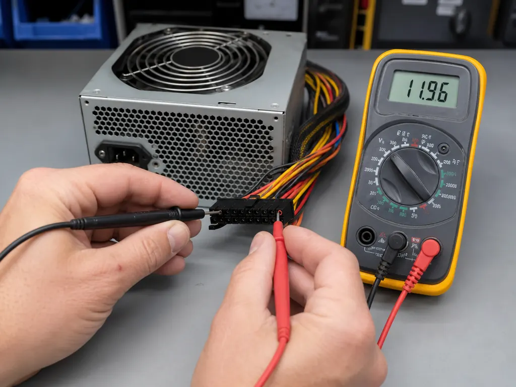 Testing a Mac Pro power supply with a multimeter after Mac Pro power supply replacement