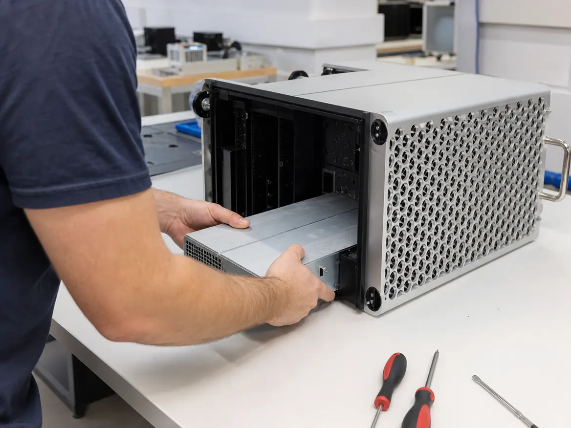 Technician removing the power supply unit from an opened Mac Pro tower during Mac Pro power supply replacement in Malaysia