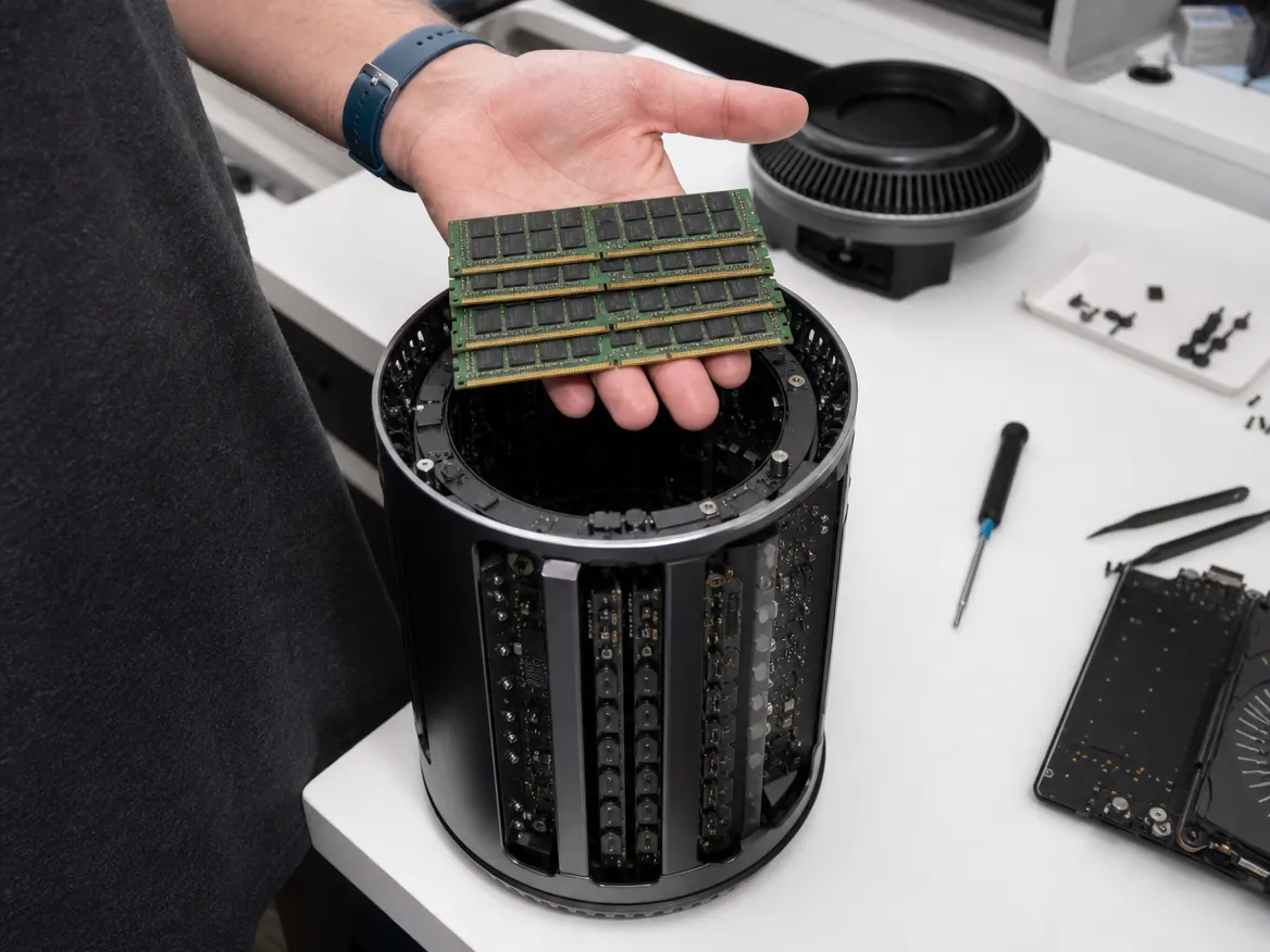 Technician fitting ECC memory into a Mac Pro during Mac Pro RAM upgrade in Malaysia