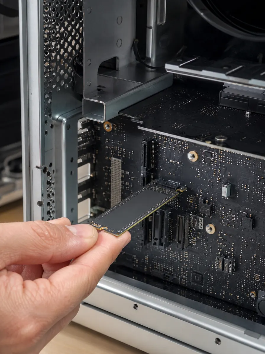 SSD module being fitted into a Mac Pro 2019 during a Mac Pro SSD upgrade