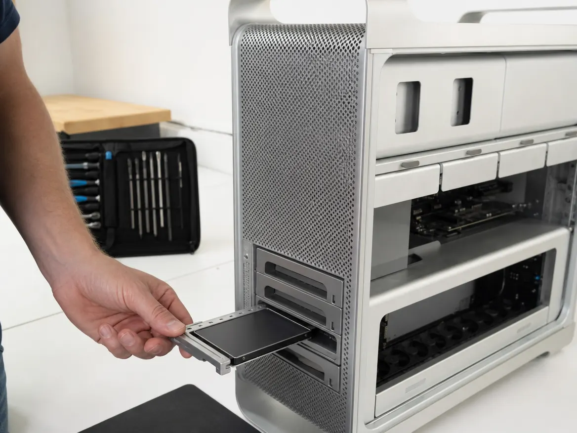 Technician fitting a new SSD into a Mac Pro drive bay during Mac Pro SSD upgrade in Malaysia