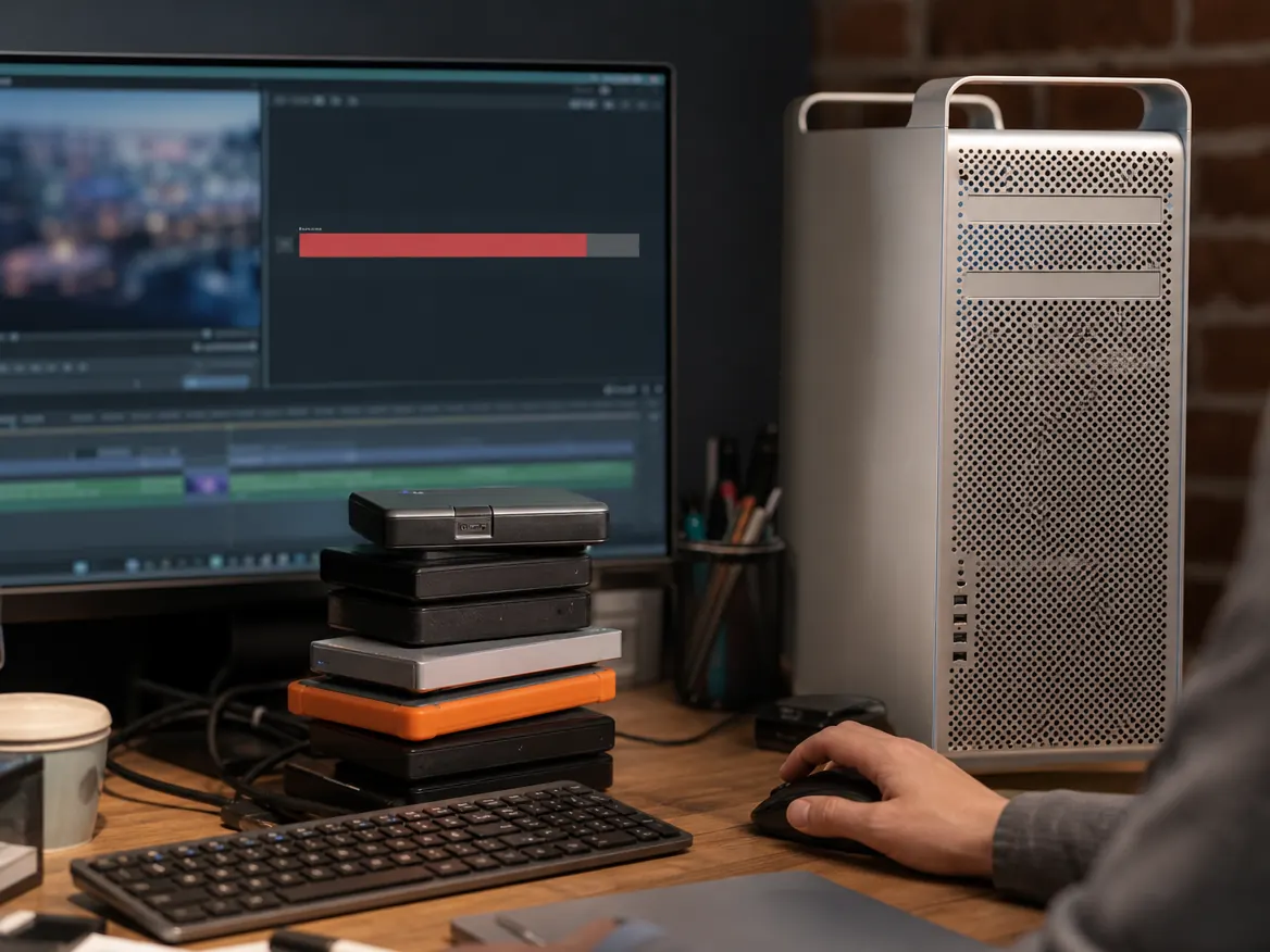 Mac Pro with storage almost full and external drives piling up, the usual reason for a Mac Pro SSD upgrade