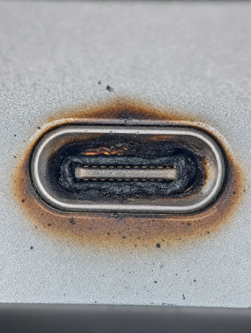 Close-up of a burnt USB-C port on a Mac Studio damaged by a faulty hub