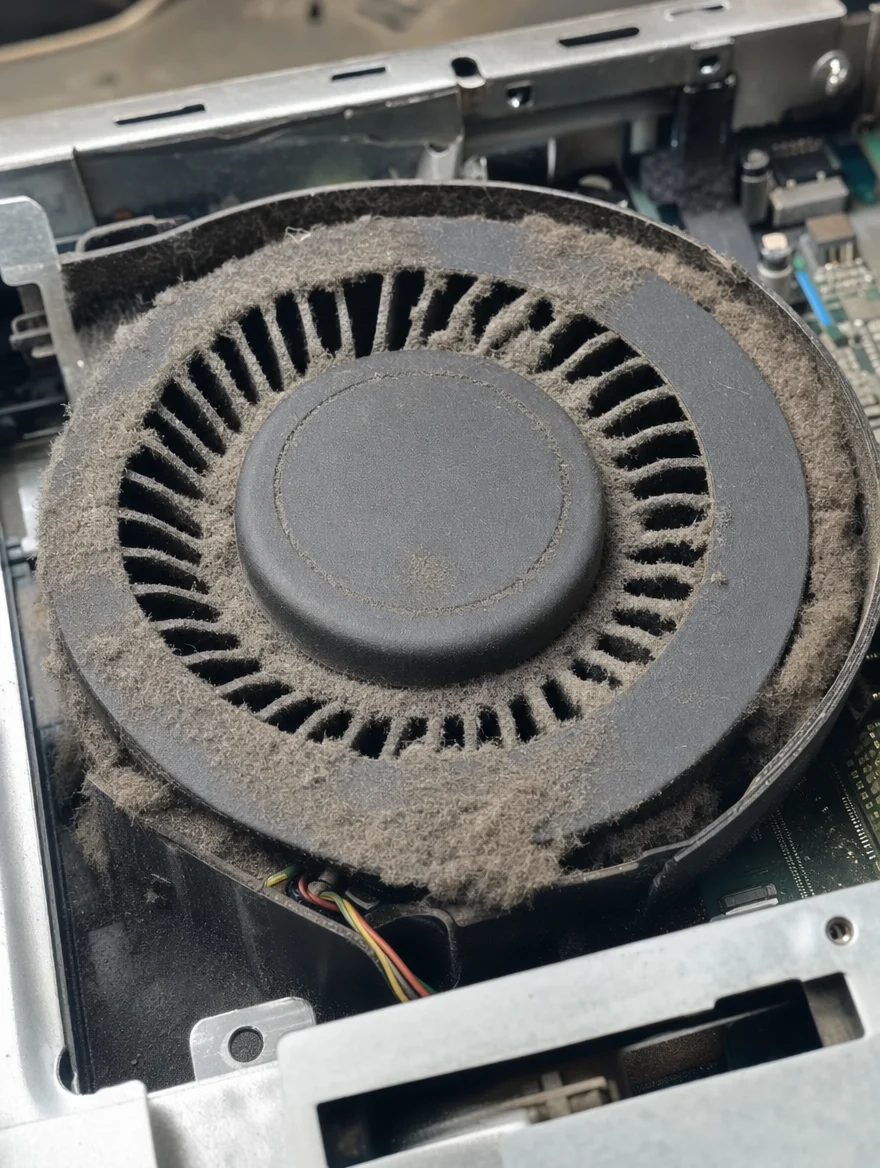 Dust-clogged blower fan inside a Mac Studio, the cause of loud fan noise and overheating