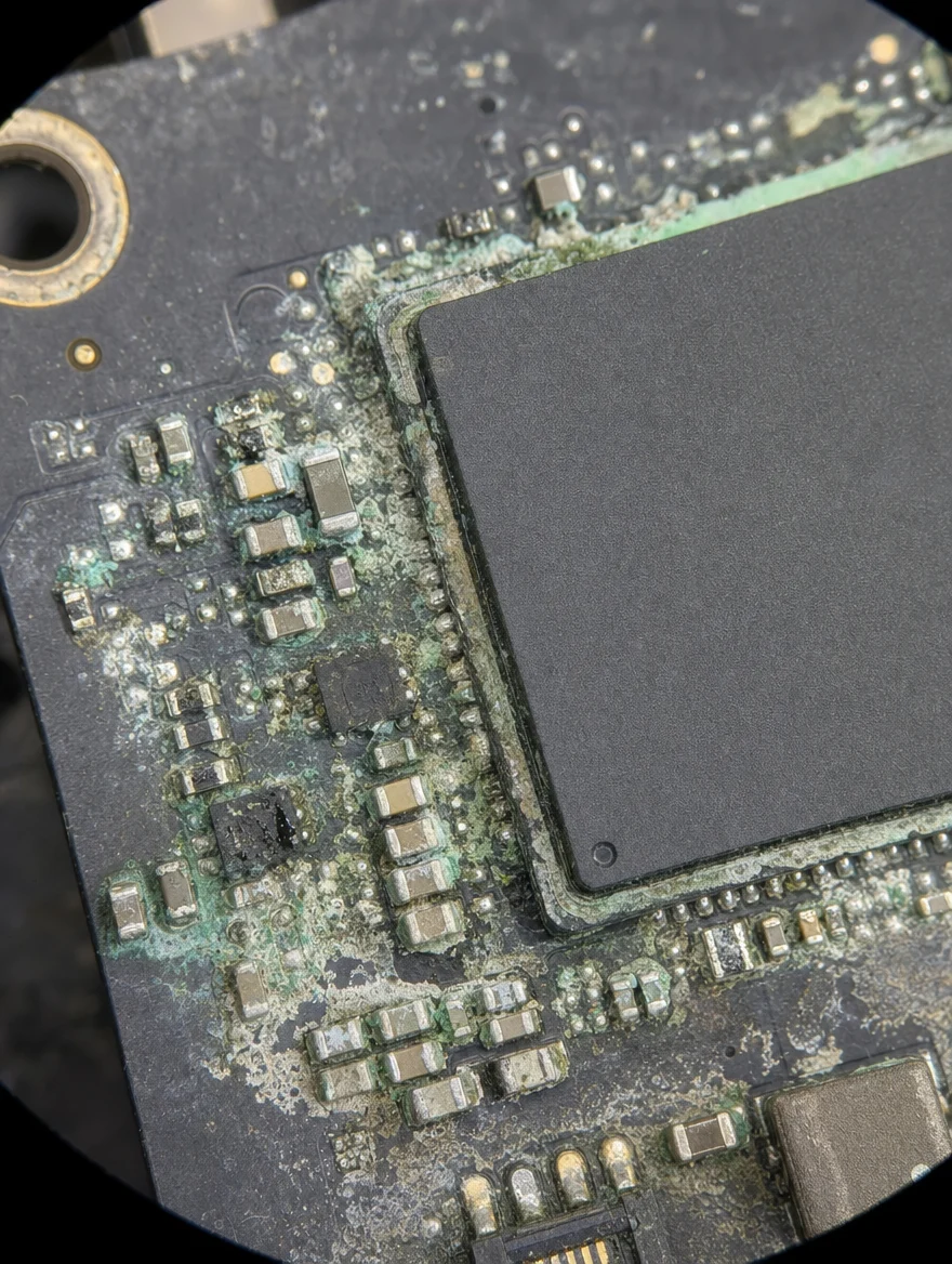 Corrosion from liquid damage on a Mac Studio logicboard under the microscope before repair