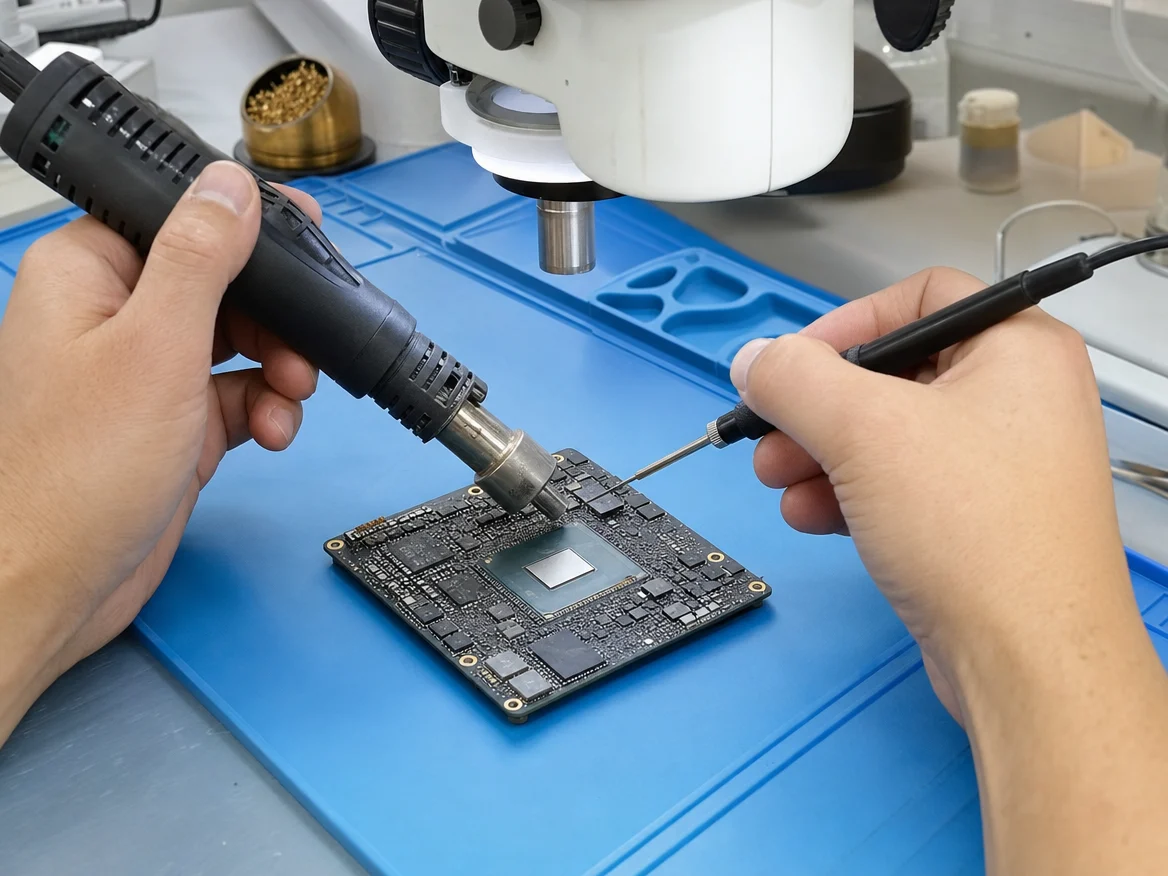 Technician microsoldering a Mac Studio logicboard during Mac Studio logic board repair in Malaysia