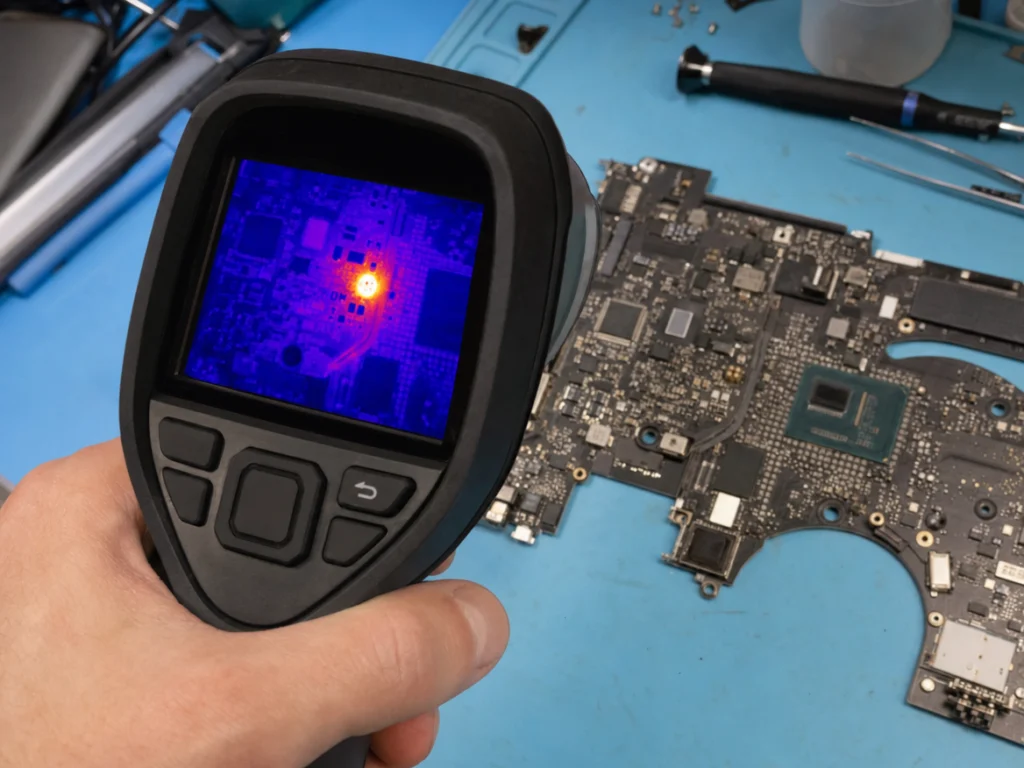Thermal camera finding a short circuit hot spot on a Mac Studio logicboard during diagnosis
