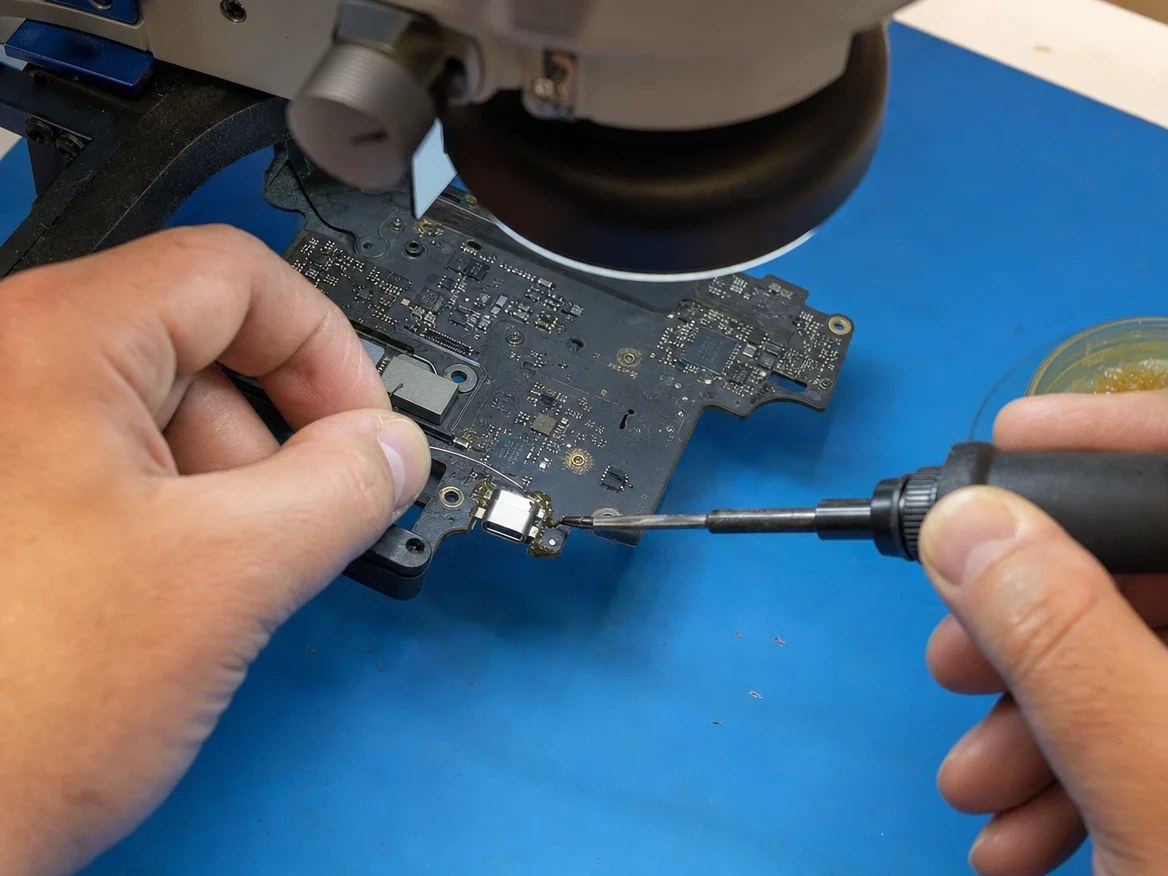 Technician soldering a new port connector on a Mac Studio logicboard during Mac Studio port repair in Malaysia