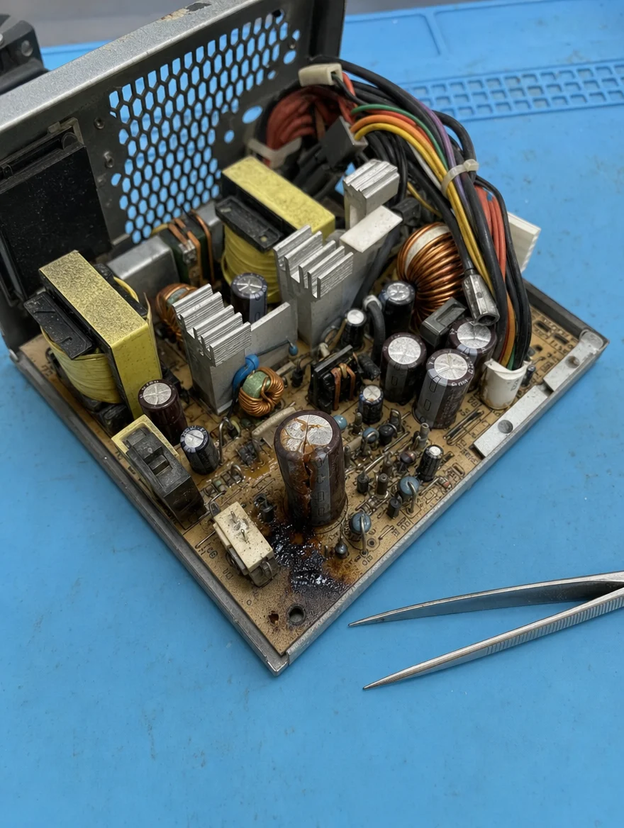 Blown capacitor on the internal power supply of a Mac Studio, the cause of a pop sound and burnt smell after a power surge