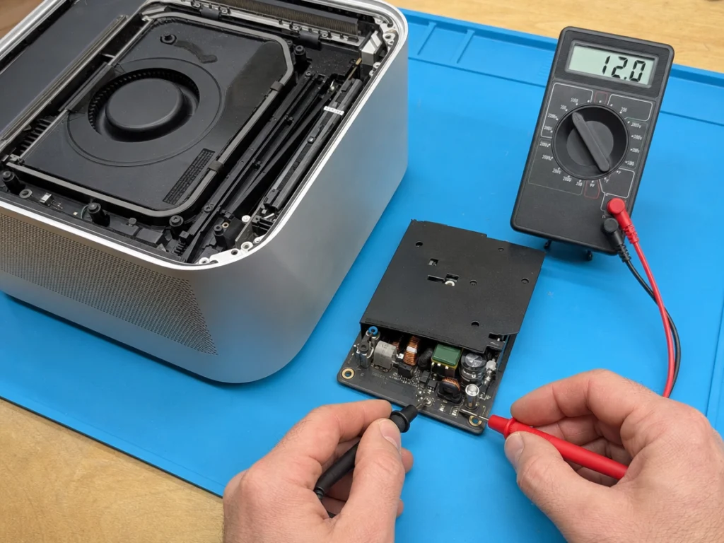 Load-testing a Mac Studio power supply with a multimeter after Mac Studio power supply replacement