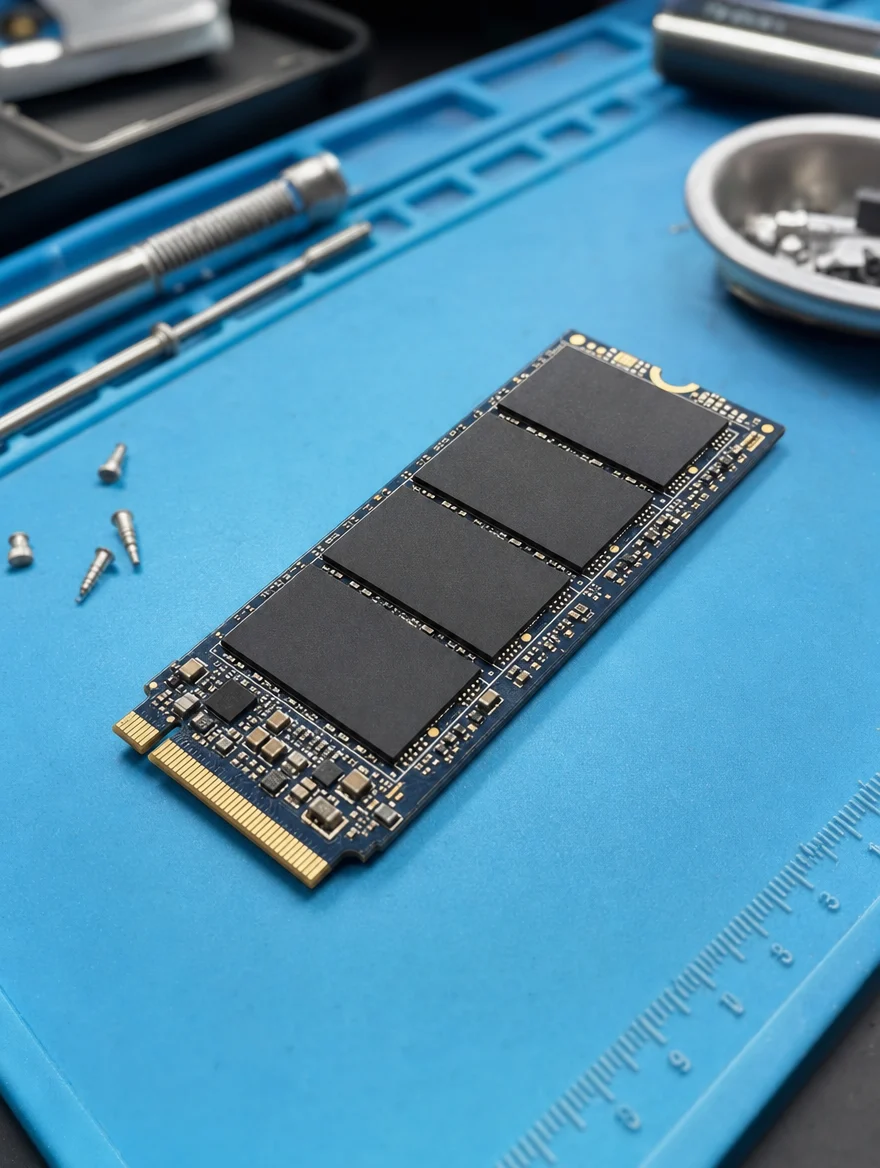 Mac Studio SSD storage module with NAND flash chips, the part replaced during a Mac Studio SSD upgrade