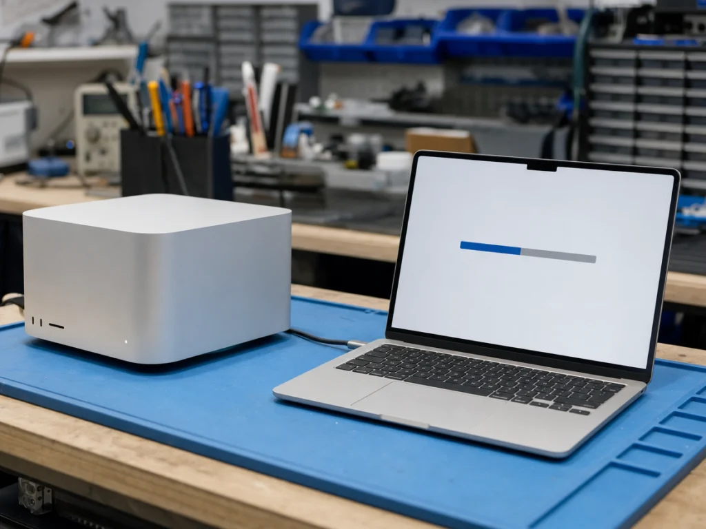 Mac Studio connected to a MacBook by USB-C for a DFU restore that pairs the new SSD after a Mac Studio SSD upgrade