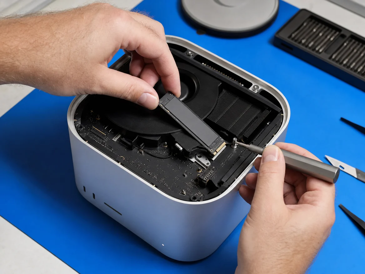 Technician fitting a new storage module into an opened Mac Studio during a Mac Studio SSD upgrade in Malaysia