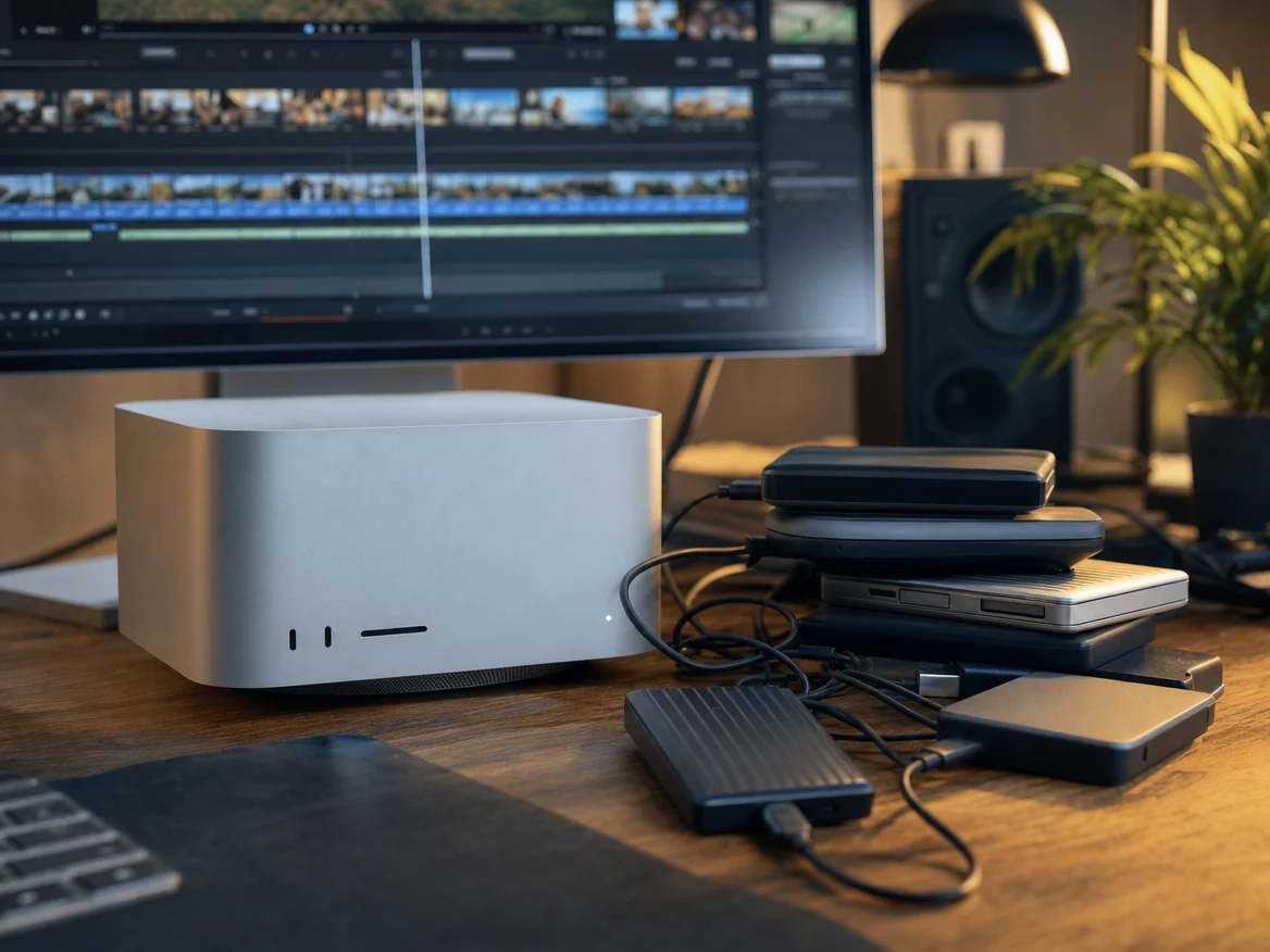 Mac Studio on a desk surrounded by external drives because its internal storage is full, a common reason for a Mac Studio SSD upgrade