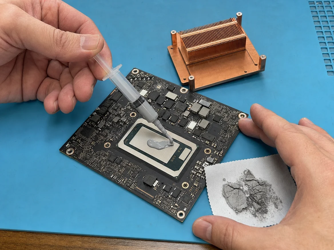 Technician applying new thermal paste to the Apple silicon chip during Mac Studio thermal paste replacement in Malaysia