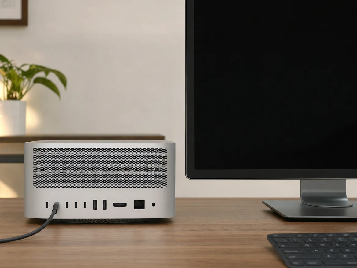 Back of a Mac Studio with a Thunderbolt cable plugged in and the monitor not detected, a common reason for Mac Studio port repair