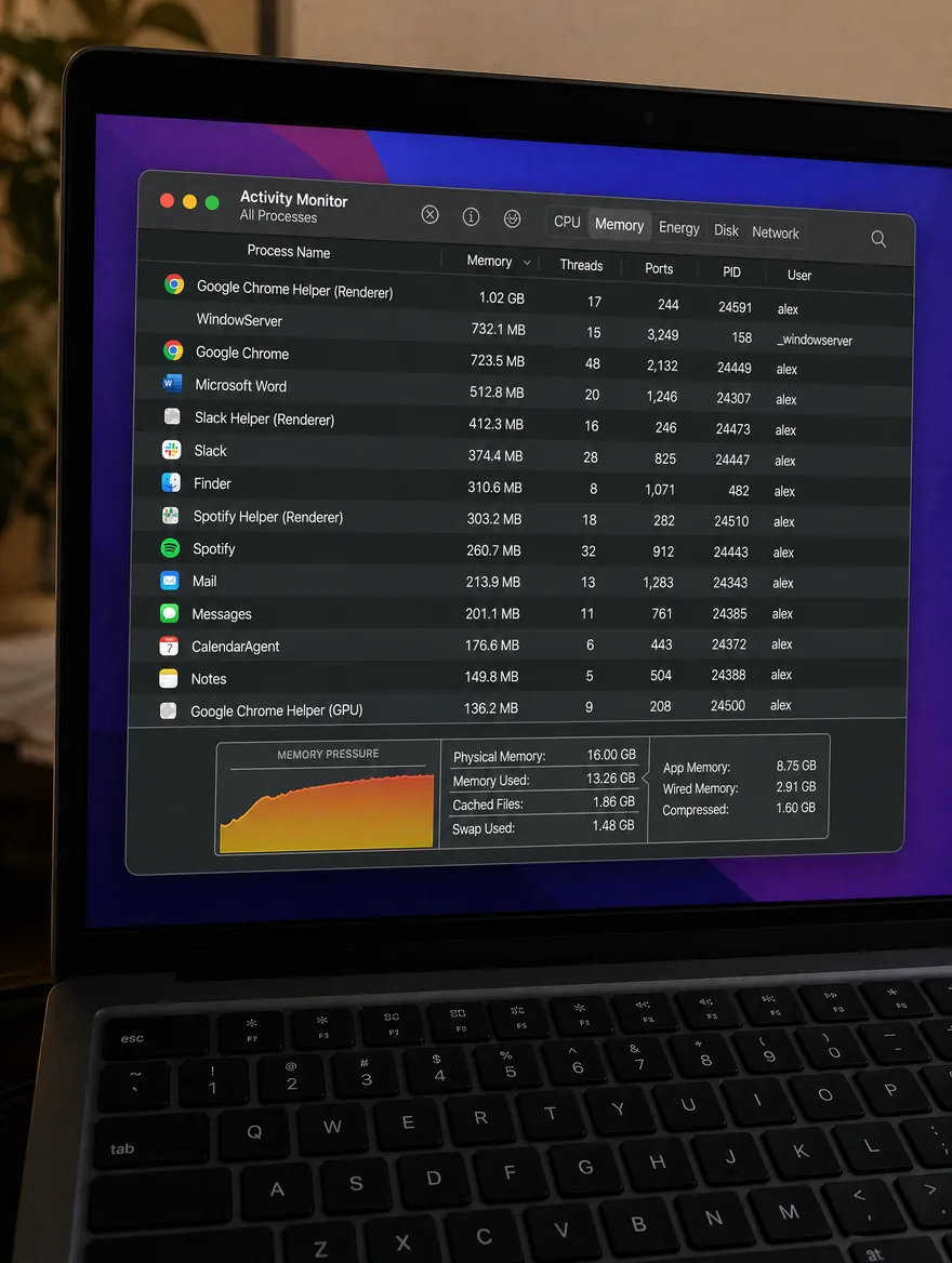 Activity Monitor showing high memory pressure on an older MacBook