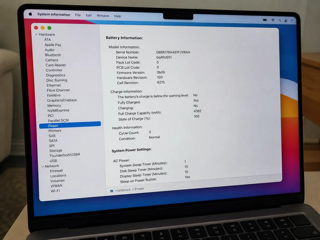 Checking MacBook battery cycle count and full charge capacity in System Information after replacement