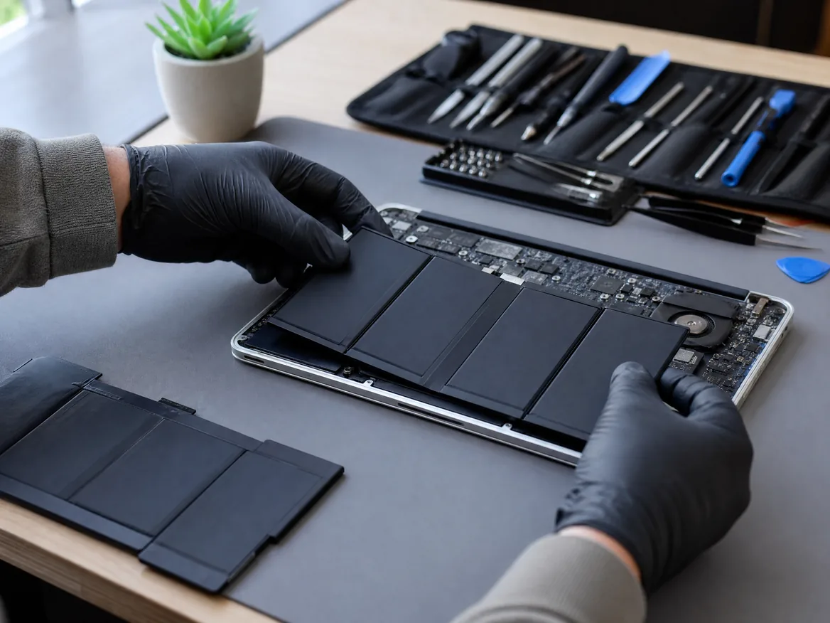 Technician fitting a new certified battery during MacBook battery replacement in Malaysia at KissMyMac