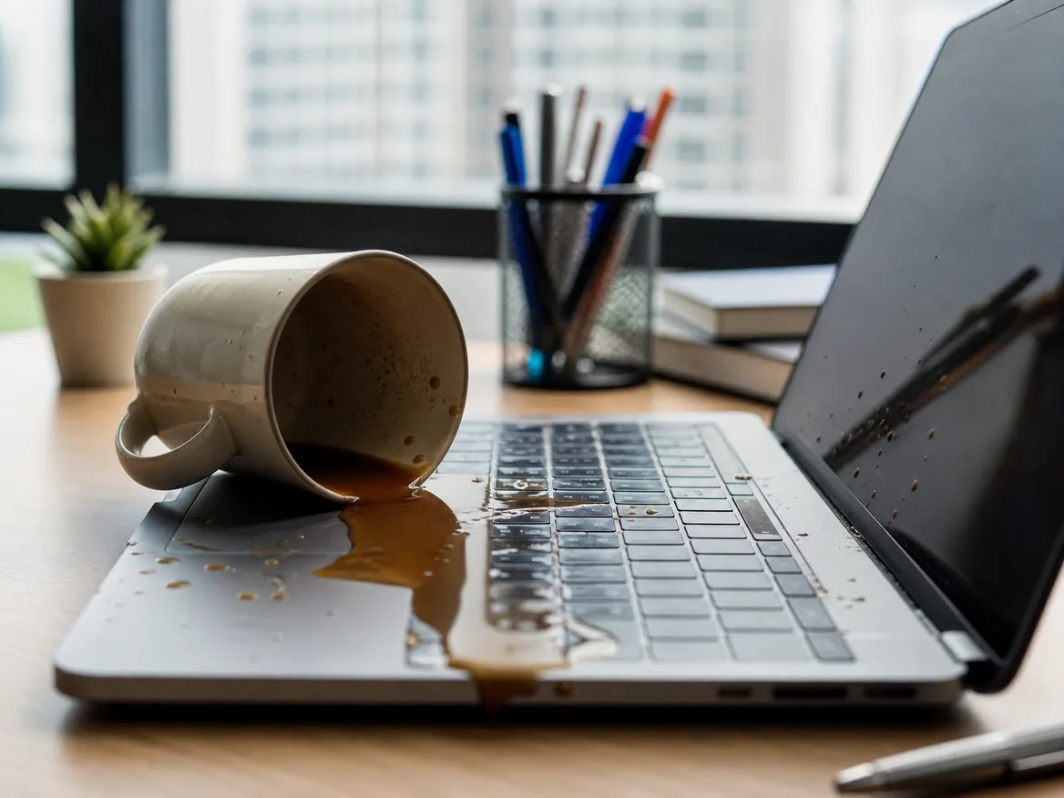 Coffee spilled on a MacBook keyboard, a common reason for MacBook water damage repair in Malaysia