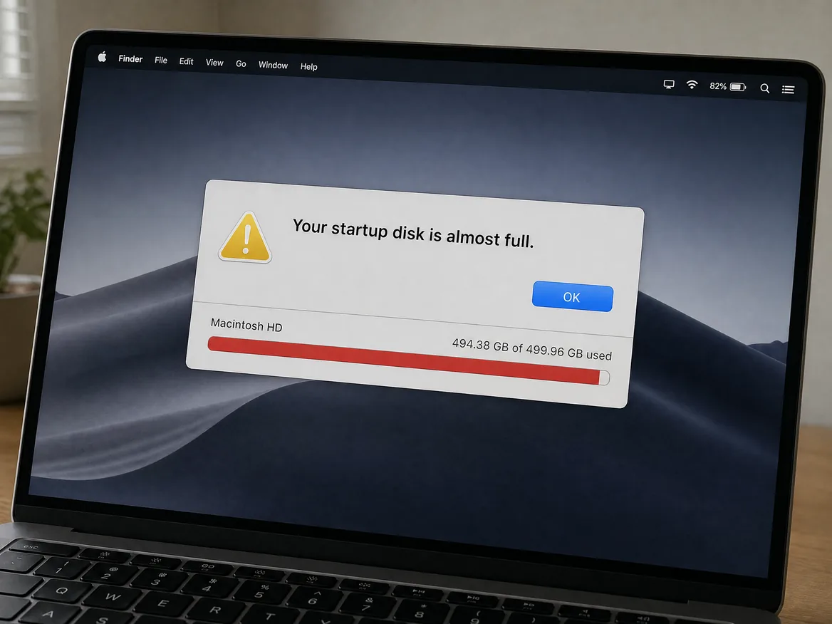 MacBook showing the startup disk almost full warning, a common reason for a MacBook SSD upgrade in Malaysia