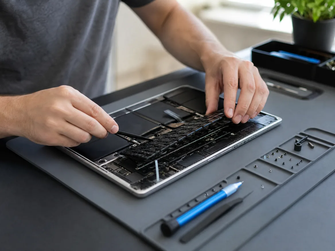 Technician replacing a MacBook keyboard during MacBook keyboard replacement at KissMyMac