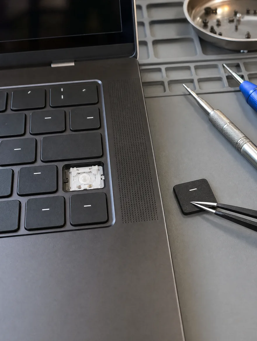Missing keycap on a MacBook keyboard, often fixed with a single keycap replacement