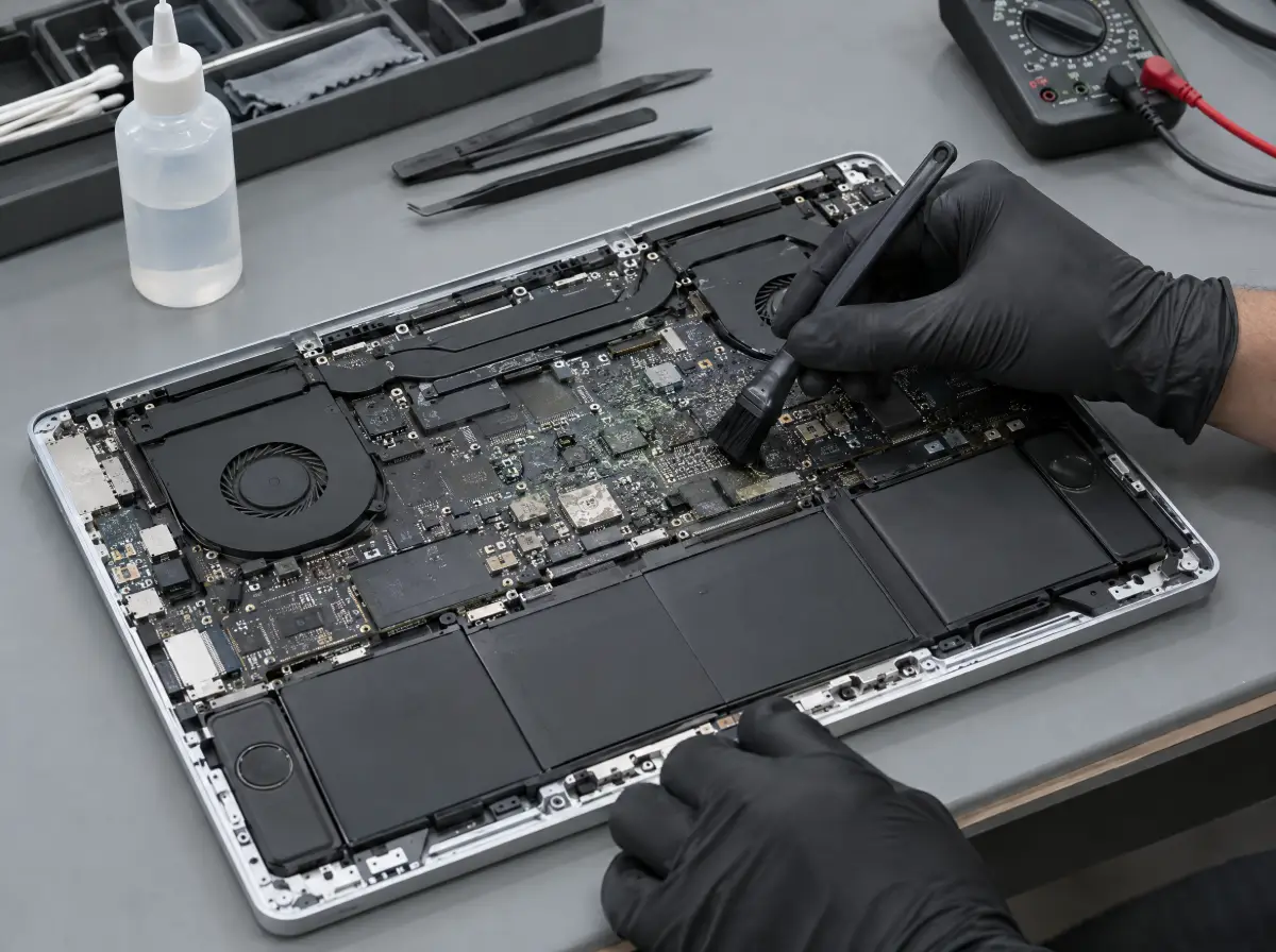 Cleaning liquid corrosion from a MacBook logic board during an out-of-warranty liquid damage repair