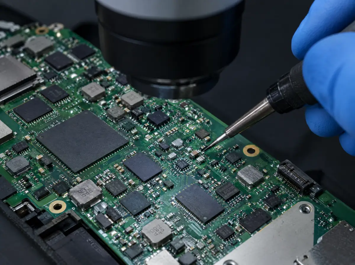 MacBook logic board chip-level repair under a microscope with a fine soldering iron
