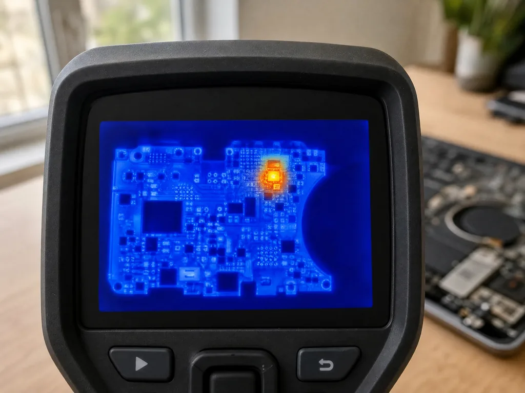 Thermal camera finding a short circuit on a MacBook logicboard during diagnosis