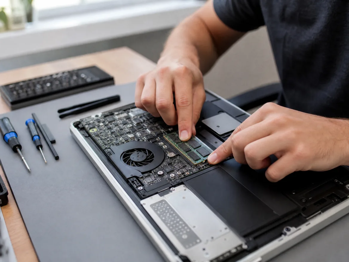 Technician fitting new RAM in a MacBook Pro 2012 during a MacBook RAM upgrade at KissMyMac