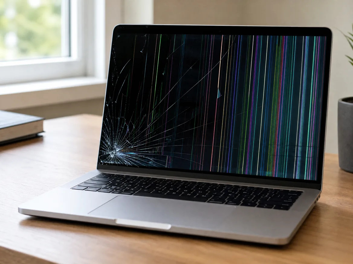 Cracked MacBook Pro screen with lines after a drop, a common reason for MacBook screen replacement in Malaysia