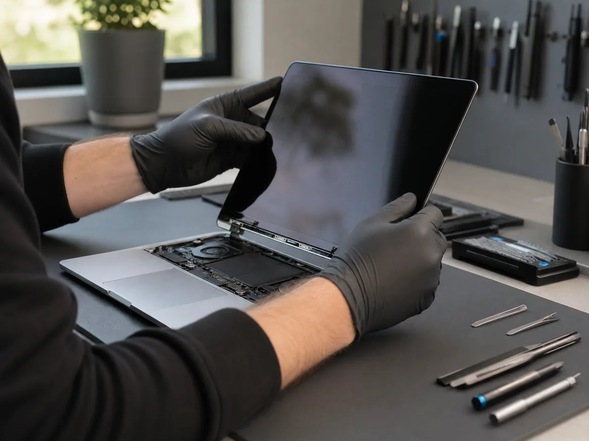 Technician fitting a Genuine Apple display during MacBook screen replacement at KissMyMac