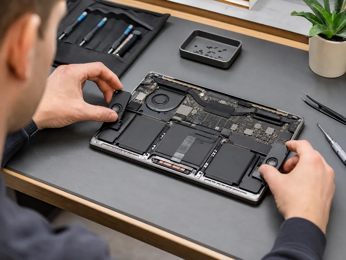 Technician fitting new speakers in an opened MacBook Pro during MacBook speaker replacement at KissMyMac