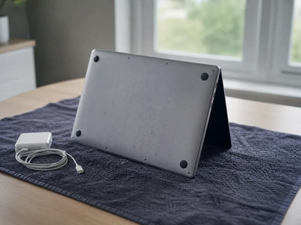 MacBook placed upside down in a tent position to drain liquid after a spill