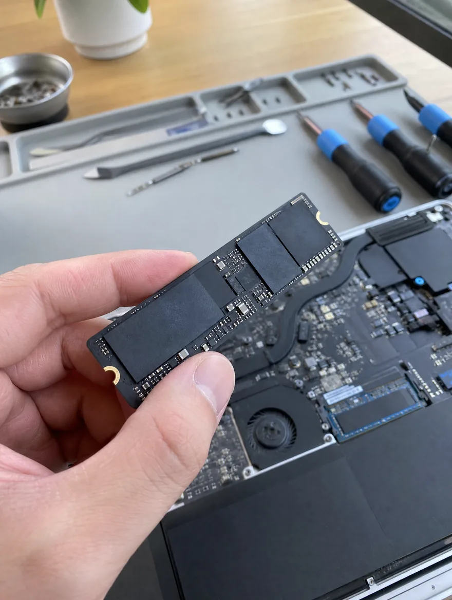 Removable SSD module from a MacBook Pro Retina, ready for a MacBook SSD upgrade