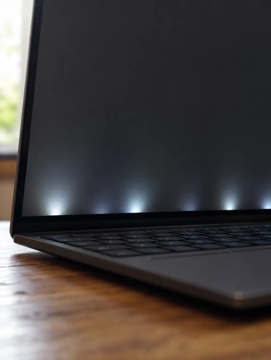 Stage light effect on a MacBook Pro screen, uneven glow along the bottom edge caused by a worn backlight cable
