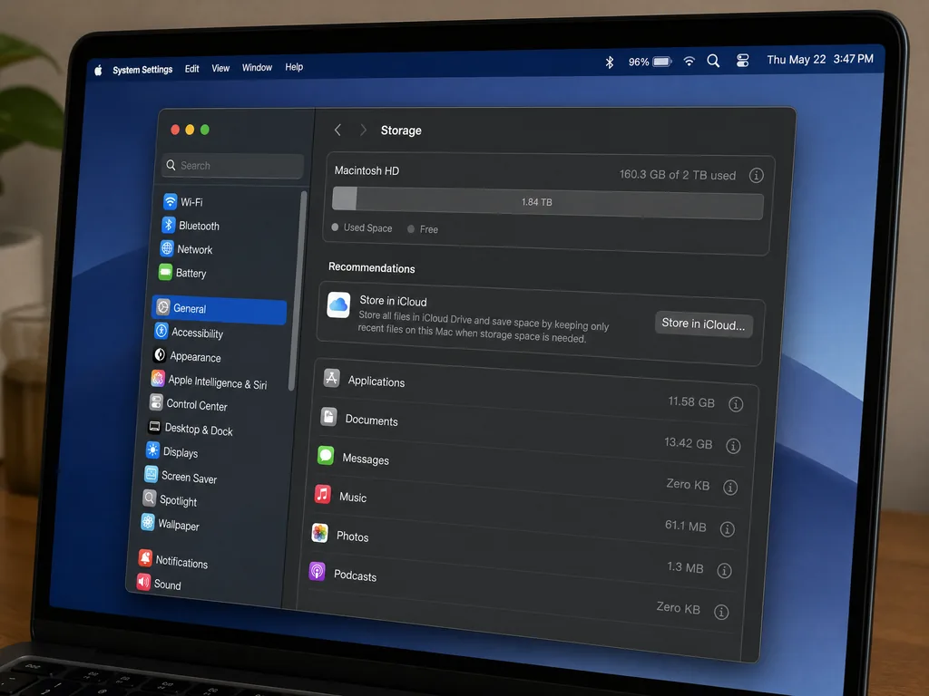 MacBook storage settings showing 2TB after an SSD upgrade