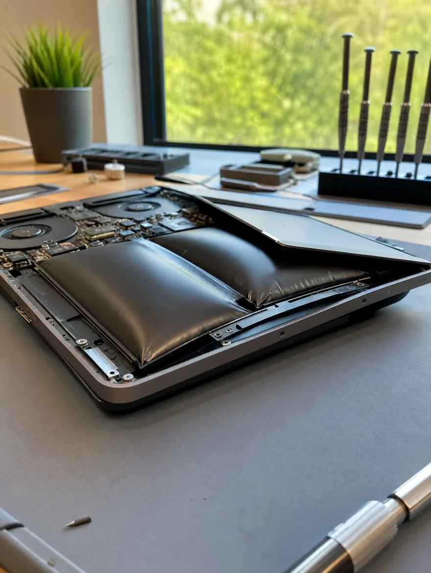 Swollen MacBook battery pushing up the trackpad and bottom case, needing urgent MacBook battery replacement