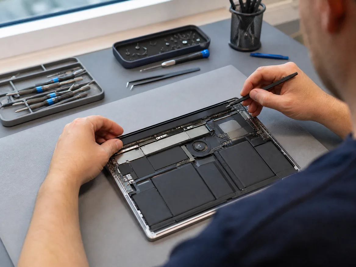 Technician fitting a new Touch Bar on a MacBook Pro during MacBook Touch Bar replacement at KissMyMac